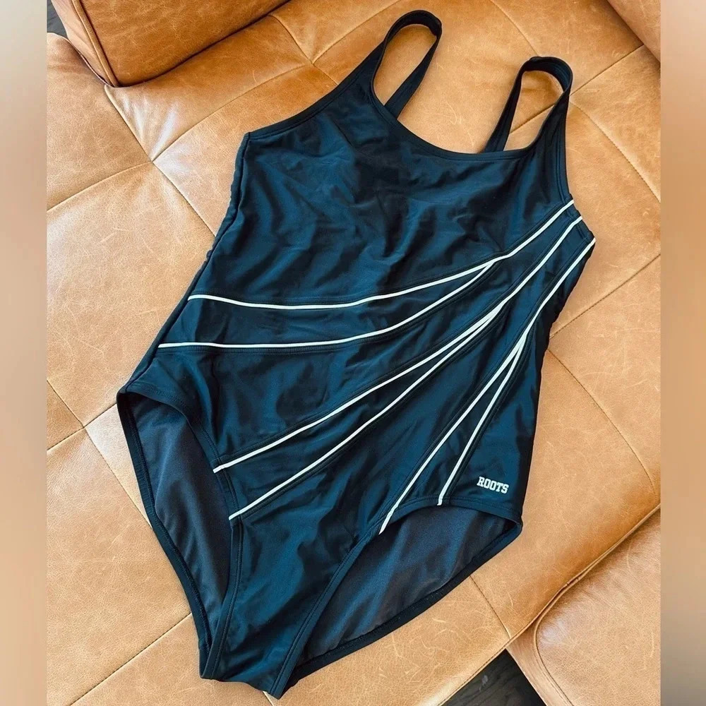 Roots black swimsuit with  white stripe design front - Size 12